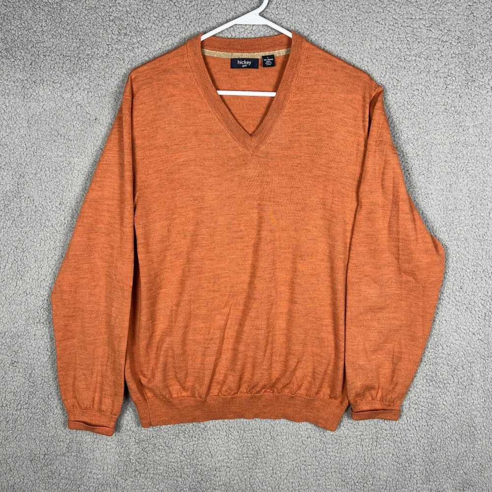 Hickey Freeman Golf Mens V Neck Sweater Merino Wool Long‎ Sleeve Orange